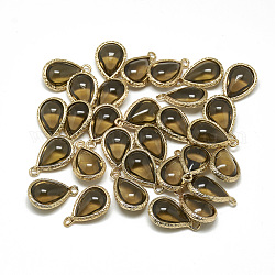 Glass Pendants, with Golden Tone Brass Findings, teardrop, Dark Khaki, 18.5x12.5x7mm, Hole: 1.5mm