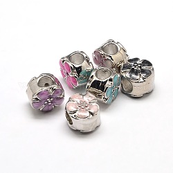 Platiniert flach rund mit Pflaumenblütenblütenlegierung Emaille europäische Perlen, Großloch perlen, Mischfarbe, 12x9 mm, Bohrung: 4.5 mm