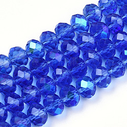 Electroplate Glass Beads Strands, Half Rainbow Plated, Faceted, Rondelle, Medium Blue, 8x6mm, Hole: 1mm, about 65~68pcs/strand, 15.7~16.1 inch(40~41cm)