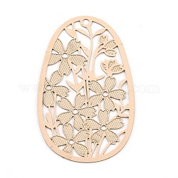 Pendentifs en laiton, embellissements en métal gravé, évider ovale avec fleur, or clair, 40x24x0.2mm, Trou: 1.6mm