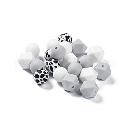 Perles focales rondes/polygonales en silicone de qualité alimentaire, perles à mâcher pour les jouets de dentition, Diy soins infirmiers colliers faisant, motif vache léopard, gris clair, 14~15x15~18x14~15mm, Trou: 2.3~2.5mm, 20 pcs /sachet 
