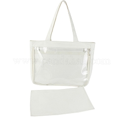 Leinwand Umhängetaschen, Rechteckige Damenhandtaschen, mit Reißverschluss und durchsichtigen PVC-Fenstern, weiß, 31x37x8 cm