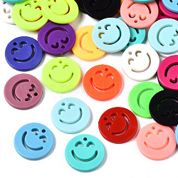 Opaque Acrylic Pendants, Flat Round with Smile, Mixed Color, 20x3mm, Hole: 1.8mm