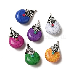 Tibetan Style Brass Synthetic Turquoise Dyed Pendants, Teardrop Charms, Antique Silver, Mixed Color, 37x23x16mm, Hole: 3mm