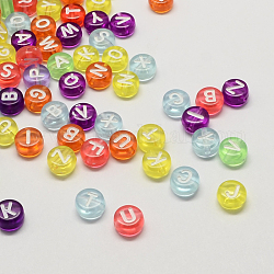 Transparent Acrylic Alphabet Beads, Flat Round with Letter, Mixed Color, 7x4mm, Hole: 1.3mm, about 3600pcs/500g