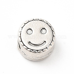 Perline foro grande in lega sitle tibetano, perline con foro grande, piatta e rotonda con volto sorridente, argento antico, 9.5~10x7mm, Foro: 4.5 mm, circa 238pcs/500g