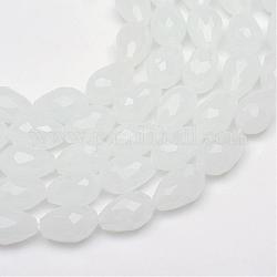 Fili di perle di vetro giada imitazione sfaccettata a goccia, bianco, 11~12x8mm, Foro: 1.5 mm, circa 60pcs/filo, 27 pollice