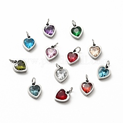 304 Stainless Steel Pendants, with Cubic Zirconia and Jump Rings, Single Stone Charms, Heart, Stainless Steel Color, Mixed Color, 9x8x3mm, Hole: 3.6mm