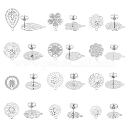 Unicraftale 24Pcs 12 Style Filigree Flower & Flat Round & Teardrop 304 Stainless Steel Stud Earring Findings, with Horizontal Loops, Stainless Steel Color, 12.5~22.5x10.5~14.5mm, Hole: 1mm, Pin: 0.7mm, 2Pcs/style