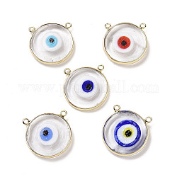 Handmade Lampwork Pendants, with Golden Plated Brass Findings, Cadmium Free & Lead Free, Flat Round with Evil Eye, Mixed Color, 21x21x4.5mm, Hole: 1.5mm