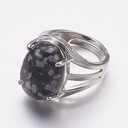 Anillos de dedo de banda ancha de obsidiana copo de nieve natural, con fornitura de anillo de latón, oval, 18mm