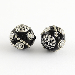 Round Handmade Indonesia Beads, with Rhinestones and Antique Silver Metal Color Alloy Cores, Black, 14x15mm, Hole: 1.5mm