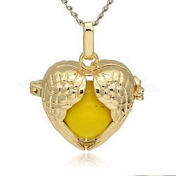 Ciondoli a gabbia a cuore cavo in ottone dorato, con perline a palla in ottone  Senza Buco spruzzo verniciato, oro, 28x30x16mm, Foro: 3x8 mm