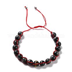 Bracelets de perles de nylon tressés réglables, avec des perles d'obsidienne naturelles rondes sculptées om mani padme hum et des perles d'oeil de tigre naturelles, Perles en laiton, rouge, diamètre intérieur: 1-7/8~ 3-1/2 pouce (4.8~9 cm)