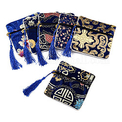 Bolsa de regalo de bolsa de joyería con cremallera de borla de brocado chino, cuadrado con diseño de flores, azul marino, 11.5~11.8x11.5~11.8x0.4~0.5 cm