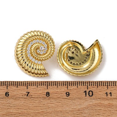 Серьги-гвоздики из латуни с микропаве из прозрачных кубических цирконий в форме ракушки EJEW-H165-07G-1