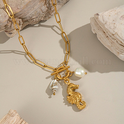 Женские ожерелья с подвесками в стиле «отпуск на океане» из нержавеющей стали 304 с искусственным жемчугом MO6762-1-1