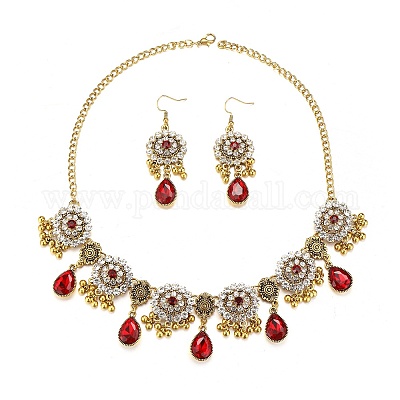 Комплекты из ожерелий и серег-подвесок из сплава со стразами FS-WG6751B-06-1