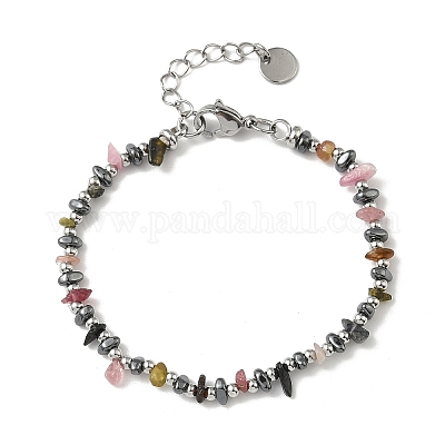Браслет из бусин из натурального турмалина и немагнитного синтетического гематита для женщин BJEW-Z148-02P-06-1