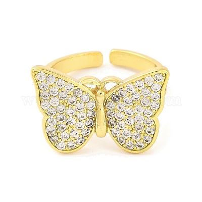 Открытые манжеты из латуни с бабочкой и микро-паве с прозрачным фианитом для женщин RJEW-U003-11G-1