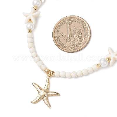 Ожерелье из круглой бусины с подвеской в виде морской звезды из нержавеющей стали 304 NJEW-JN05505-02-1