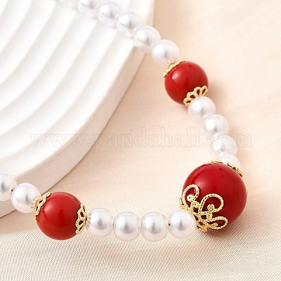 Ожерелья из круглых градуированных бусин из латуни и искусственного жемчуга АБС NJEW-D314-03G-1