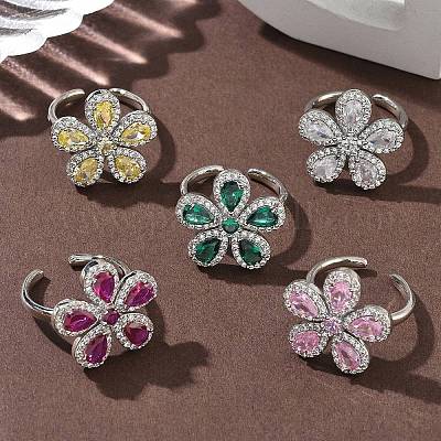 Кольца-манжеты из цветочной латуни с микропаве из кубического циркония для женщин RJEW-A069-14P-1