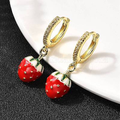 Серьги-подвески в форме клубники с микропаве из латуни и прозрачными кубическими цирконами EJEW-L305-01G-1