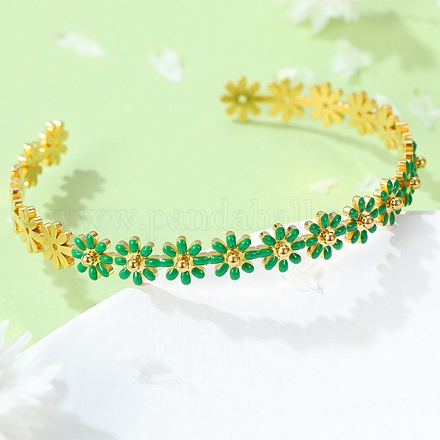 Браслеты-манжеты из нержавеющей стали 304 с эмалью в виде цветка для женщин BJEW-S152-01G-02-1