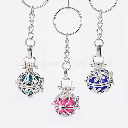 Mixed Style Platinum Plated Brass Hollow Round Cage Chime Ball Keychain KEYC-J073-M-1