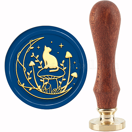 CRASPIRE Wax Seal Stamp Moon and Cat Sealing Wax Stamps Mushroom 30mm/1.18inch Removable Brass Head Sealing Stamp with Wooden Handle for Invitations Cards Valentine's Day Gift Wrap AJEW-WH0184-0446-1