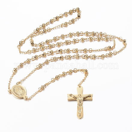 十字架クロスとロザリオビーズのネックレス  イースターのための304のステンレス鋼のネックレス  ゴールドカラー  24.8インチ（63)cm  4mm NJEW-L450-09G-1
