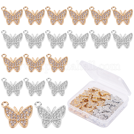 SUPERFINDINGS 60Pcs 2 Colors Butterfly Alloy Rhinestones Pendants 19.5x16.5 mm Silver and Light Gold Crystal Butterfly Hanging Dangle End Charms for DIY Necklace Jewelry Making ALRI-FH0001-08-1