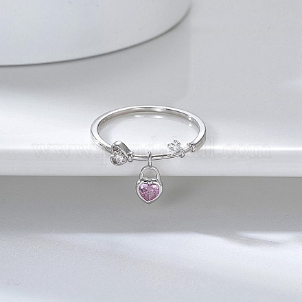 Rhodium Plated 925 Sterling Silver Finger Ring with Cubic Zirconia Heart Pad Charms RJEW-C064-34E-P-1