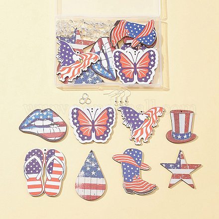 16Pcs 8 Styles Independence Day Theme Single Face Printed Aspen Wood Big Pendants WOOD-FS0001-05-1