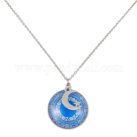 Collier pendentif rond plat en verre bleu acier et alliage NJEW-JN04453-03-1