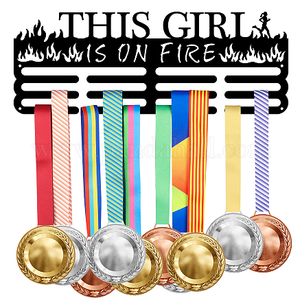 SUPERDANT Medal Holder Running Medals Display Motivating Word THIS GIRL IS ON FIRE Black Iron Wall Mounted Hooks for Competition Medal Holder Display Wall Hanging 40x15cm ODIS-WH0021-096-1