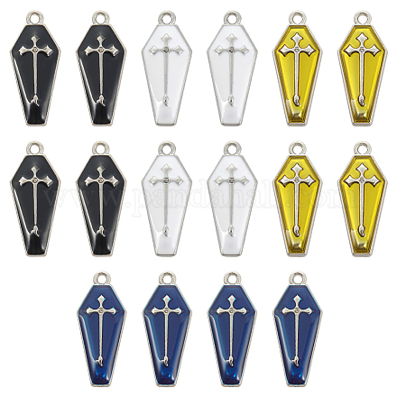 SUNNYCLUE 1 Box 40Pcs 4 Colors Gothic Charm Coffin Charms Bulk Dangle White Gold Back Halloween Theme Holiday Coffins Cross Charm for Jewelry Making Charms Findings DIY Necklace Earring Adults Craft ENAM-SC0003-79-1