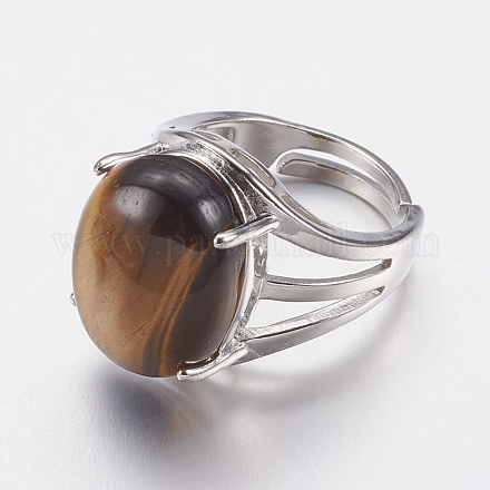 ナチュラルタイガーアイワイドバンドフィンガー指輪  真鍮製の指輪のパーツ  オーバル  18mm RJEW-K224-A18-1