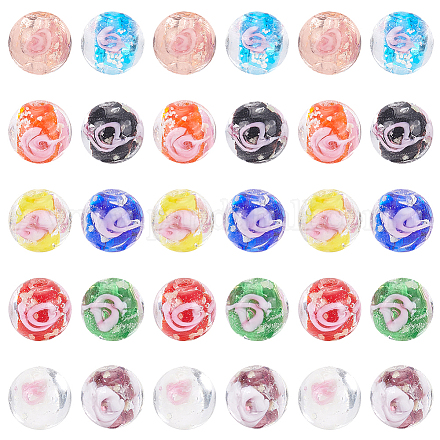 Pandahall elite 60 pièces 10 couleurs perles de lampwork de fleurs intérieures lumineuses faites à la main LAMP-PH0001-22B-1