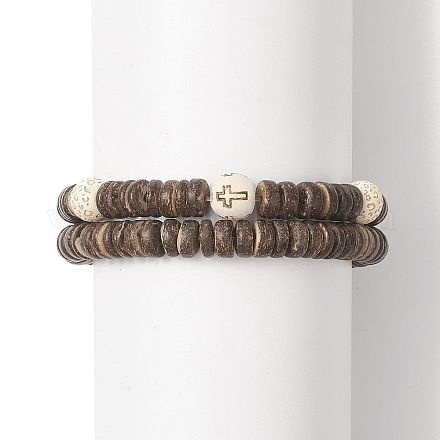 Set di 2 braccialetti elasticizzati con perline in legno naturale e cocco incrociati in stile 2 pezzo per donna BJEW-JB09317-1