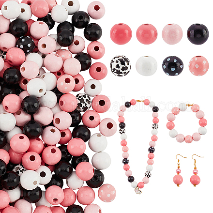 PH PandaHall 218pcs Cow Print Wood Beads 16mm Wooden Beads 8 Styles Painted Farmhouse Beads Pink Black Beads Spacer Beads for Christmas Thanksgiving Home Party Hanging Decoration Festival Easter WOOD-PH0002-44-1