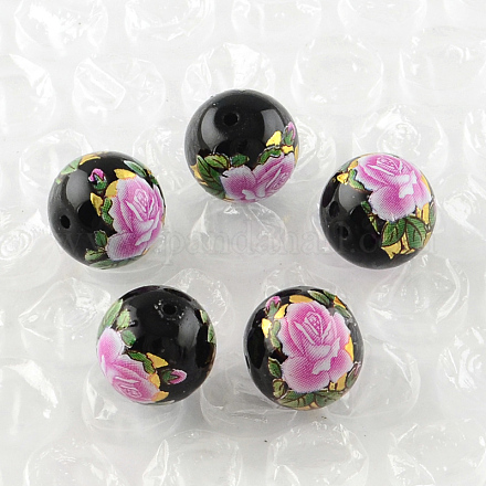 Rosa motivo floreale stampato perle di vetro tondo GFB-R004-12mm-V01-1