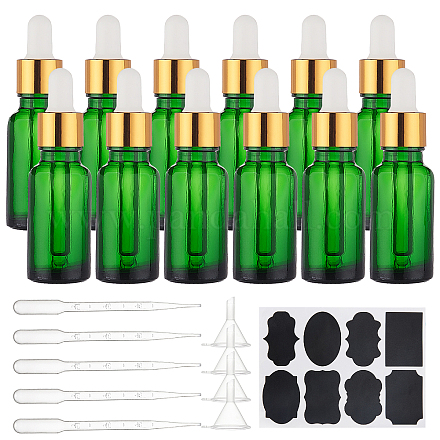BENECREAT 15Pcs 20ml Refillable Green Glass Bottles Empty Eye Glass Dropper Bottles with 10Pcs droppers 4Pcs funnels 2Pcs Sheets for Traveling Essential Oils MRMJ-BC0002-43B-1