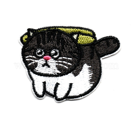 機械刺繍布地手縫い/アイロンワッペン  マスクと衣装のアクセサリー  アップリケ  猫の形  ブラック  39x50mm DIY-I013-07-1