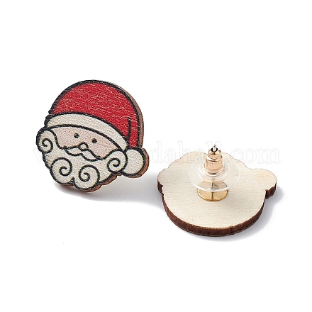 Orecchini a bottone in legno stampati natalizi EJEW-D046-05-1