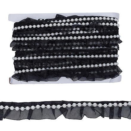 ポリエステルレーストリム  模造真珠ビーズ  フラット  ブラック  1-1/8インチ（28mm）  10ヤード/カード OCOR-WH0075-17B-1