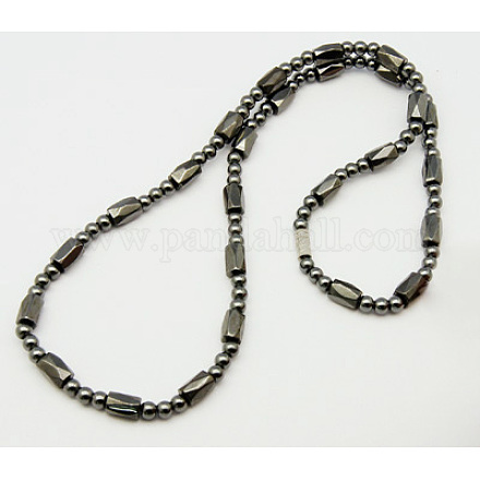 磁気ヘマタイトネックレス  真鍮製ネジ式クラスプ付き  濃いグレー  サイズ：約19.8インチの長さ  ビーズ：約4~5 mm幅  3~8×長。 X-NJEW-Q009-1