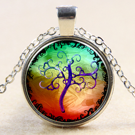Tree Of Life Pattern Flat Round Glass Pendant Necklaces NJEW-N0051-048M-02-1
