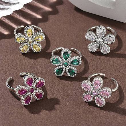 Кольца-манжеты из цветочной латуни с микропаве из кубического циркония для женщин RJEW-A069-14P-1